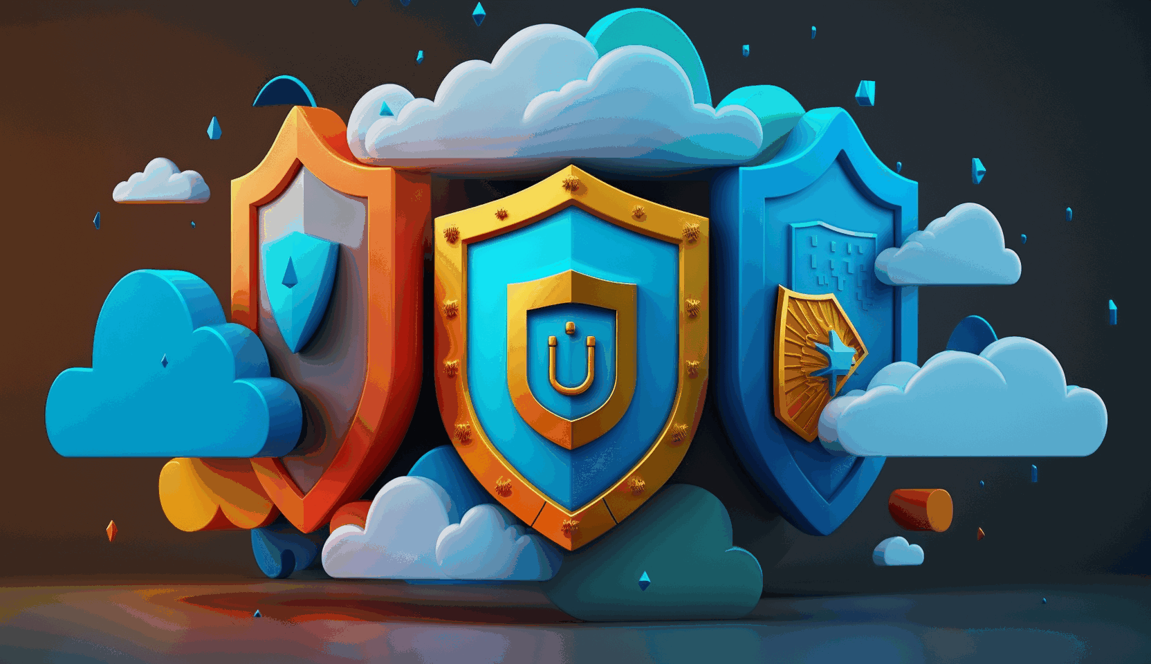 A vibrant, 3D animated image showcasing three distinct cloud structures representing AWS, Azure, and Google Cloud Platform, with shield symbols overlaying each cloud to symbolize their security offerings.