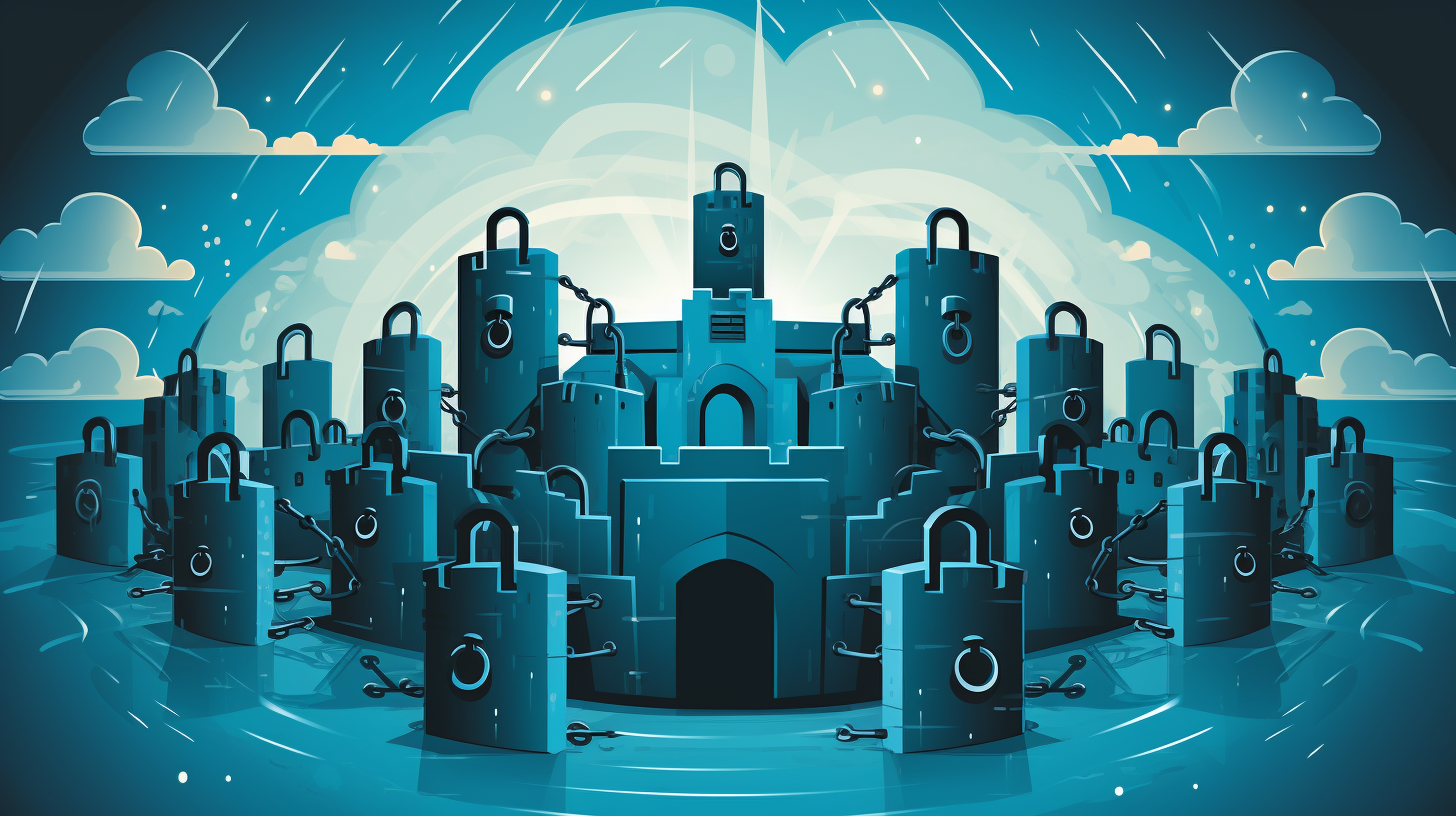 A cartoon-style IT fortress shielded by locks and chains, symbolizing fortified Active Directory security.