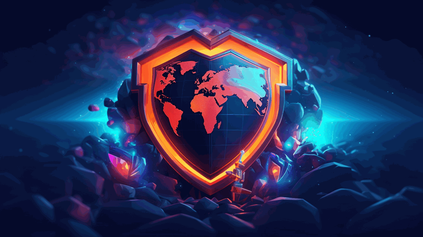 An animated art style image depicting a shield with a lock symbolizing cybersecurity, placed on top of a global map. The shield represents the protection and security measures taken in the field of cybersecurity, while the global map symbolizes the worldwide scope of cybersecurity jobs.