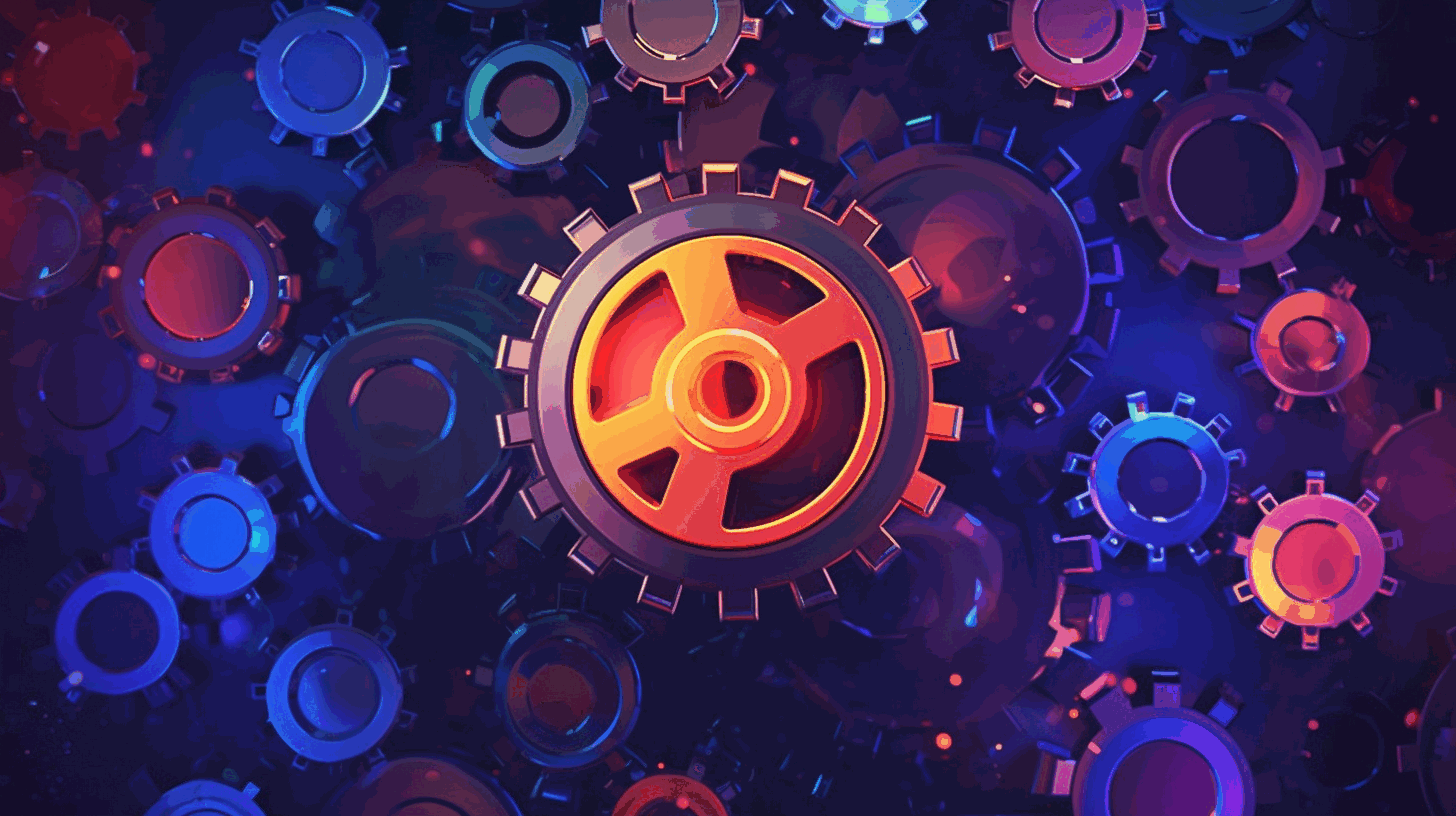 An animated illustration showcasing a Windows logo surrounded by gears symbolizing automation and updates.