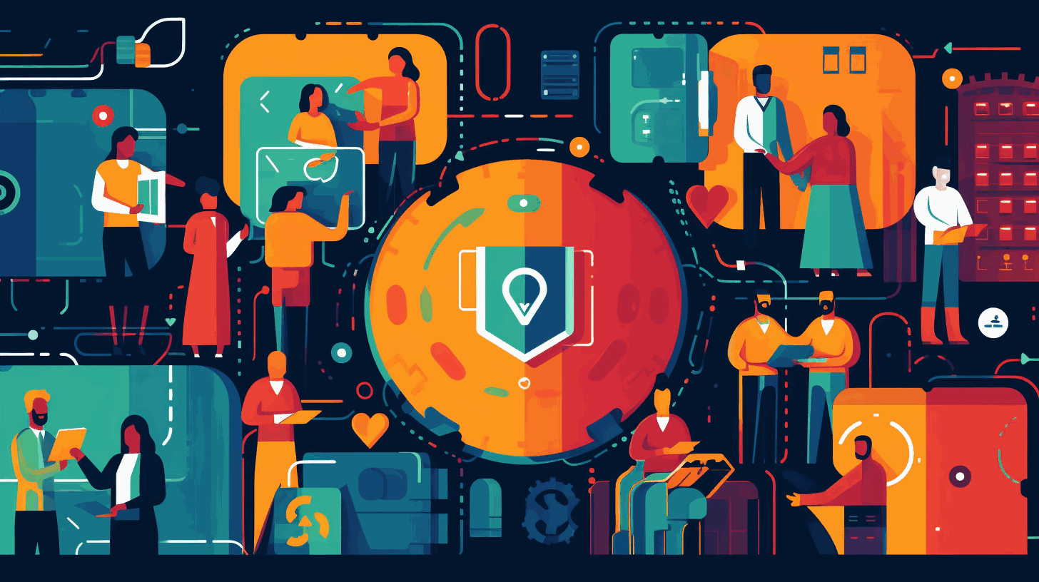 An animated illustration showing a team of diverse professionals discussing cybersecurity while surrounded by locks and shield icons.