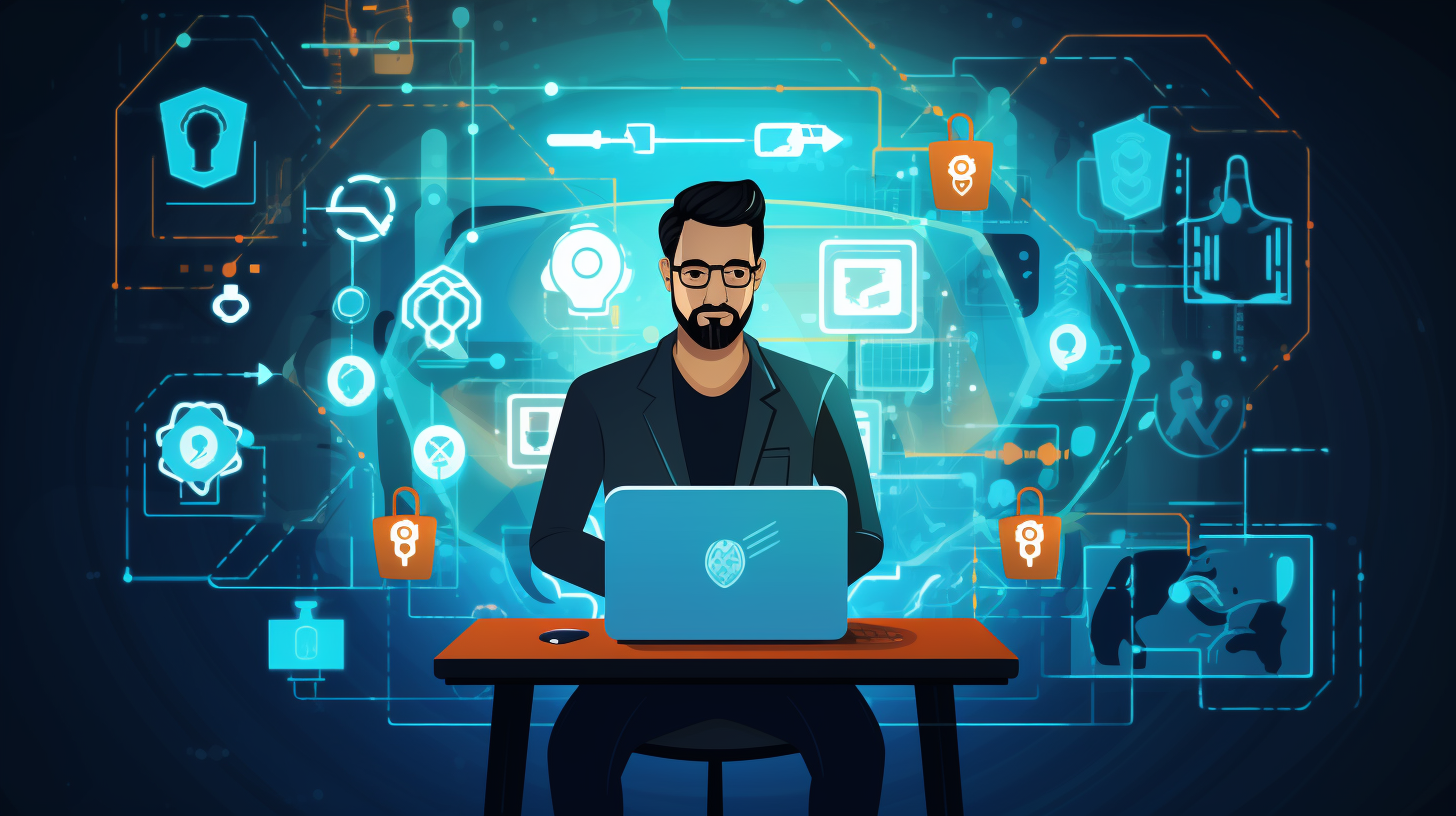 An animated image featuring a professional cybersecurity expert working on a laptop, surrounded by locks and digital security symbols.