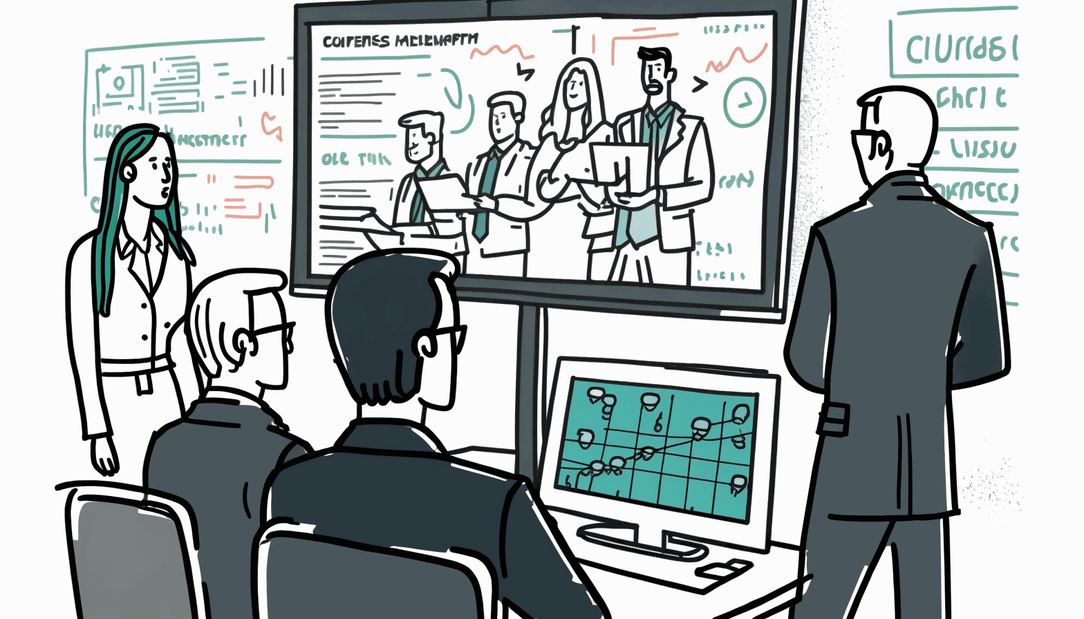 An animated image of a group of employees gathered around a computer or a security expert explaining cybersecurity concepts on a whiteboard.