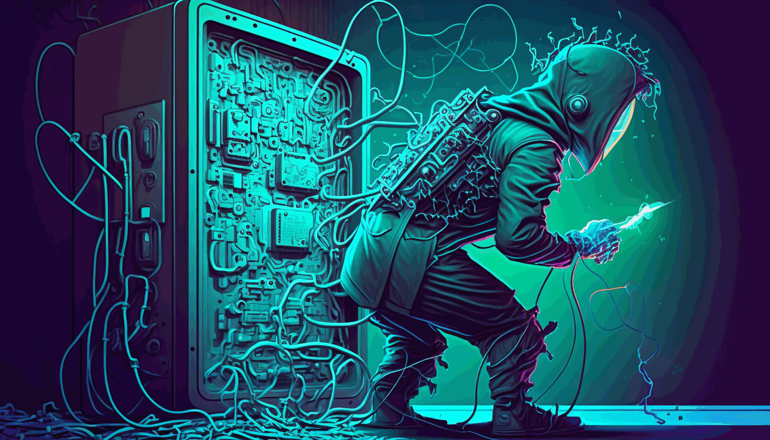 An animated image of a hacker trying to break into a computer system protected by RSA encryption, but then failing as a quantum computer solves the encryption in seconds in the background.