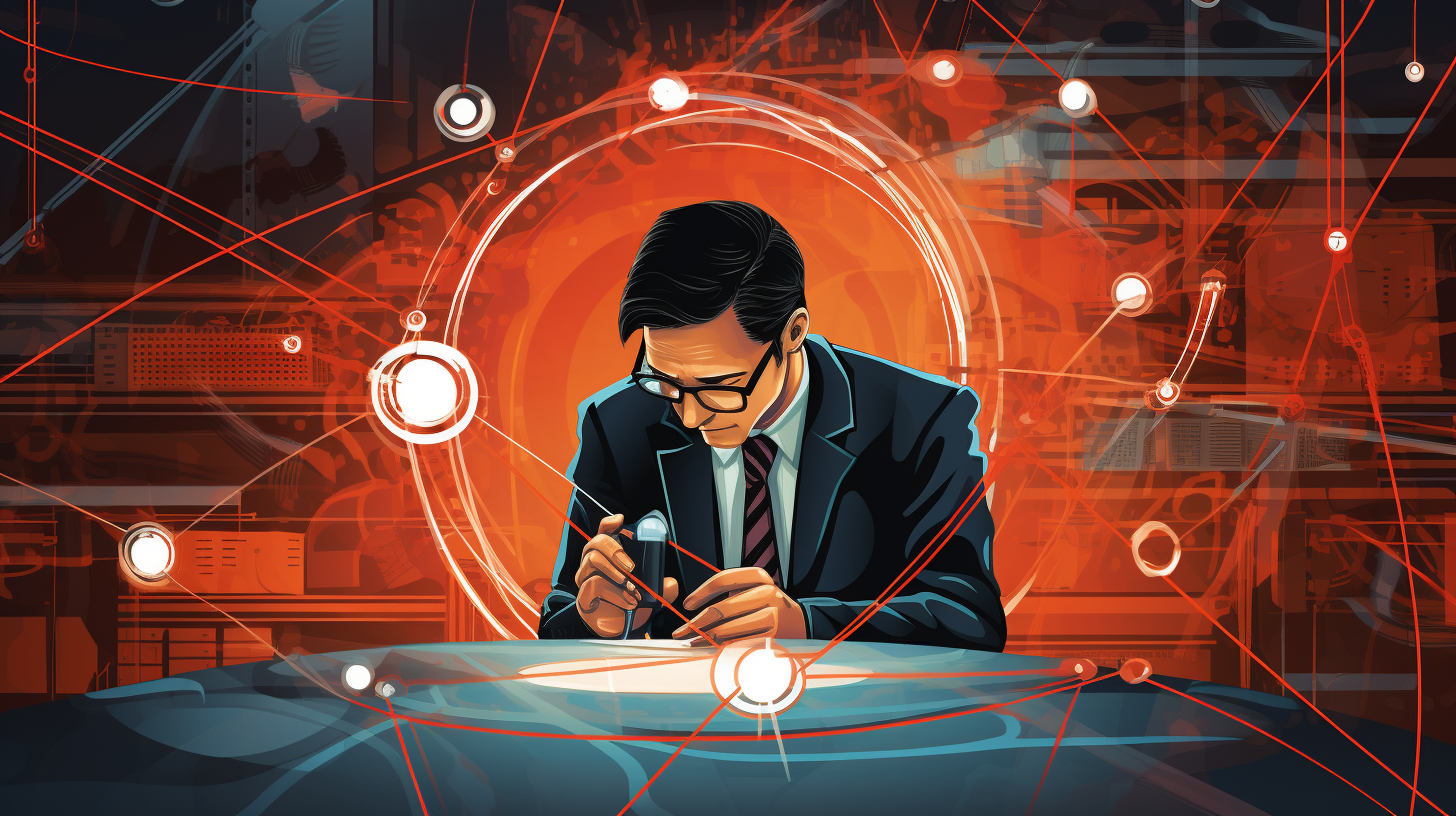 An illustration depicting a network engineer using a magnifying glass to analyze network connections and troubleshoot issues.
