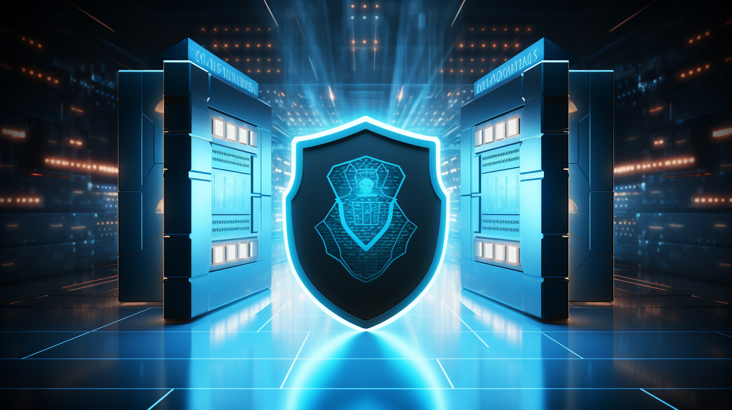 An illustration depicting a shield protecting a virtual data center from unauthorized access.