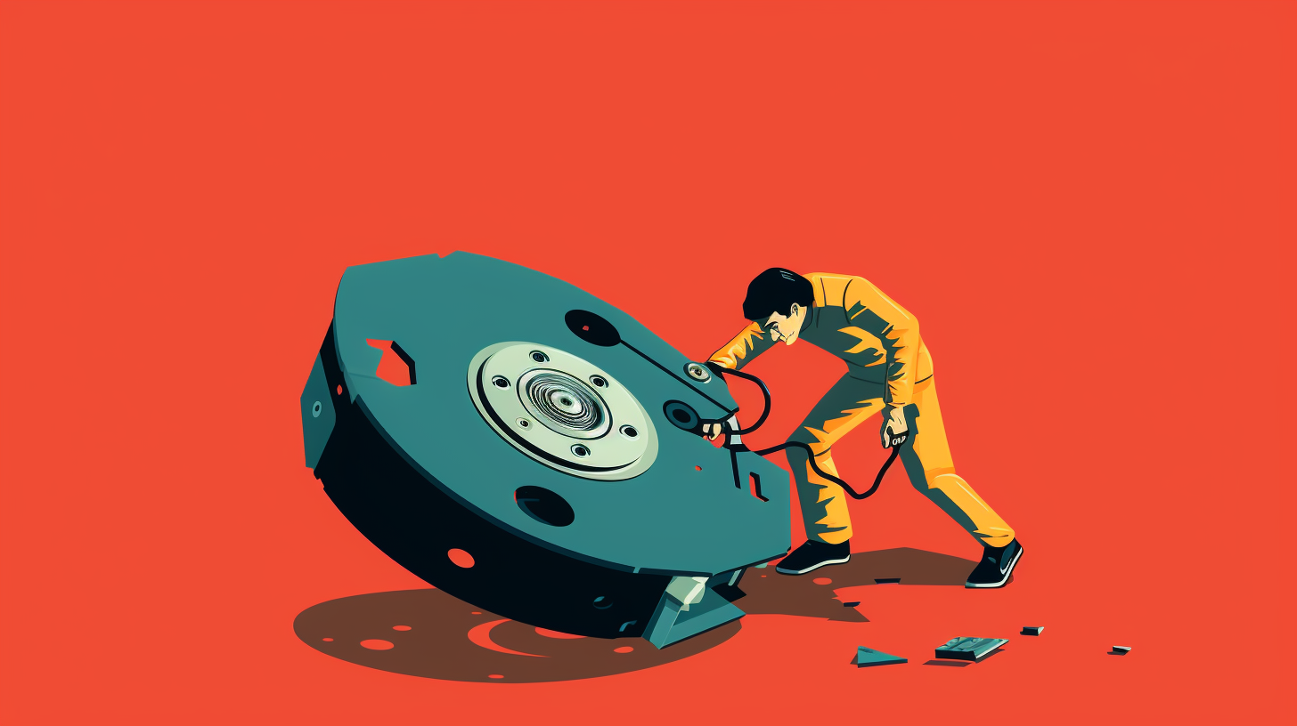 An illustration of a person holding a broken hard drive with a wrench, symbolizing data recovery.