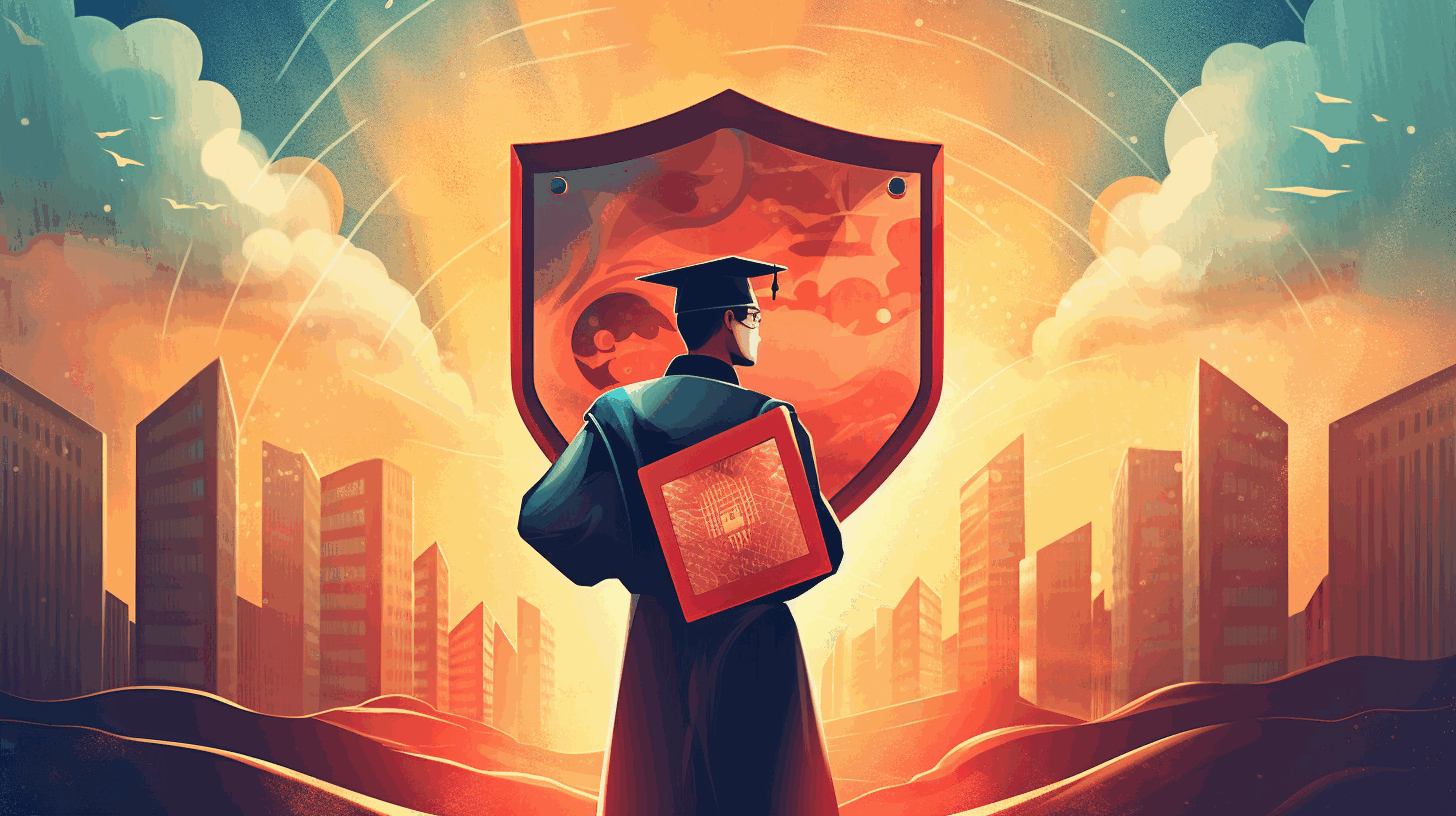 An illustration of a person holding a graduation cap with a shield representing cybersecurity, symbolizing the need for education and skills in the field of cybersecurity. --aspect 16:9