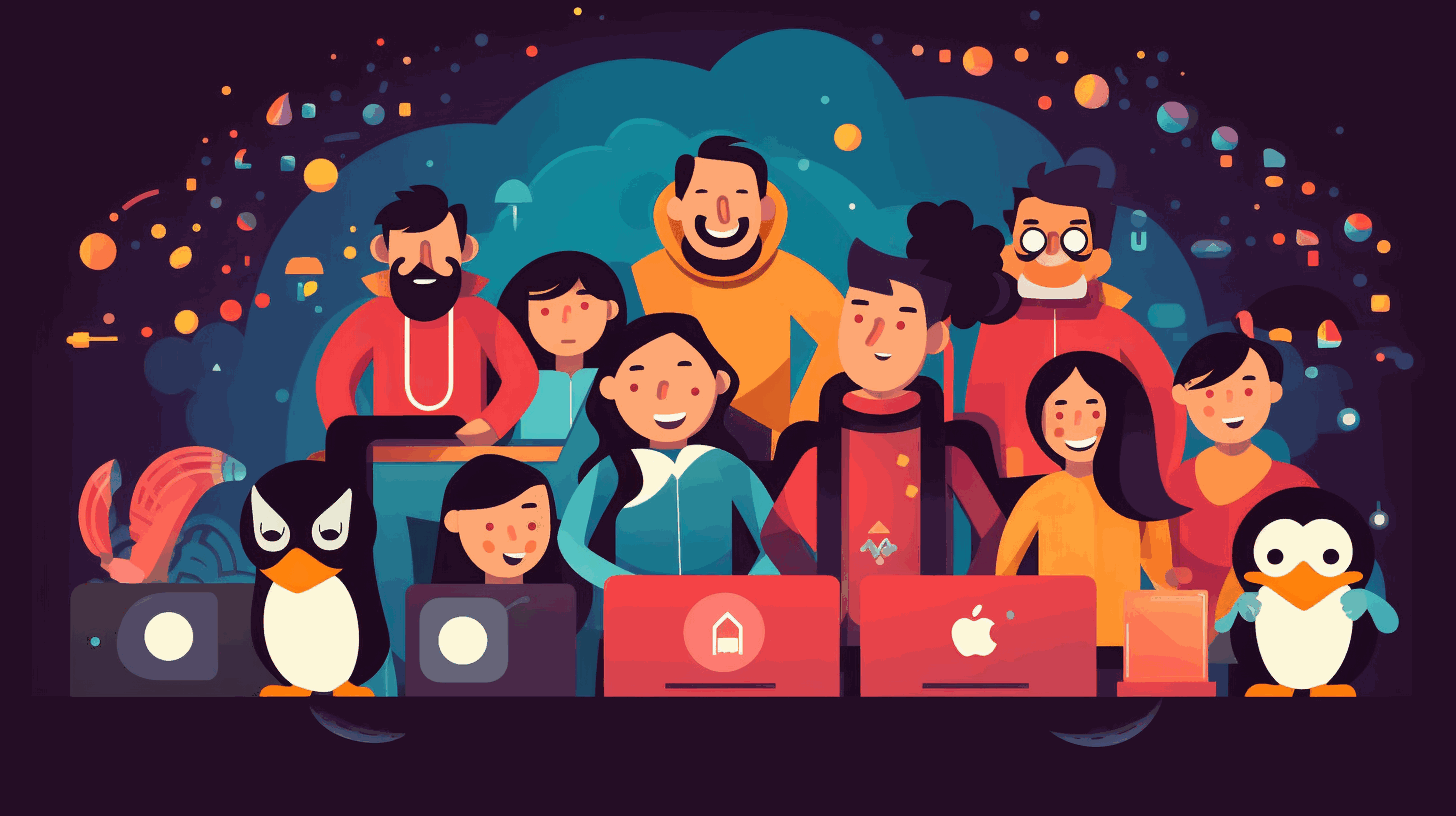 An illustration showing a group of diverse computer users using different Linux distros with smiles on their faces, showcasing the ease and inclusivity of Linux for beginners