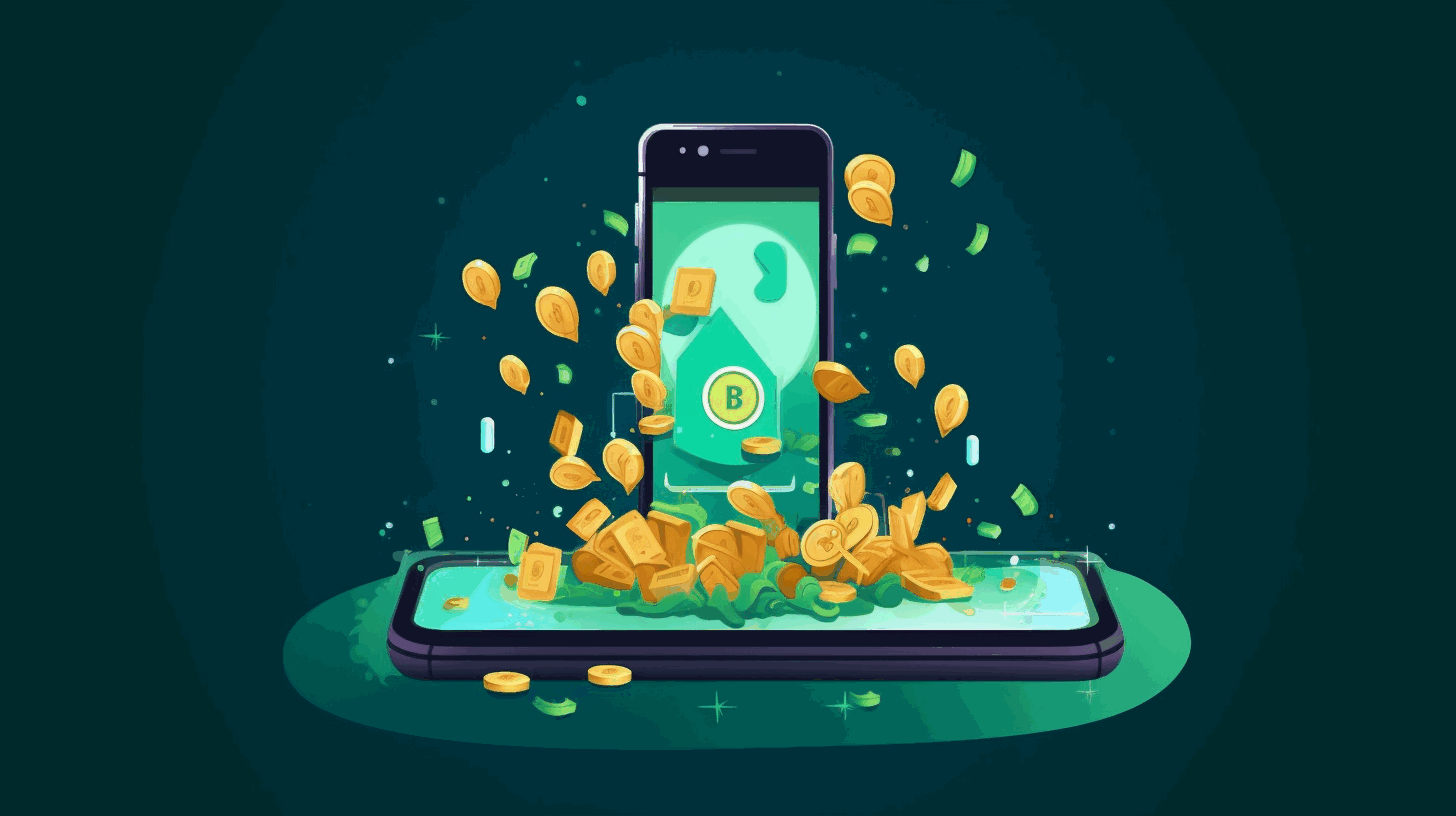 An illustration showing a smartphone with money flowing out of it, representing the concept of earning rewards by sharing internet resources through the Earn App.