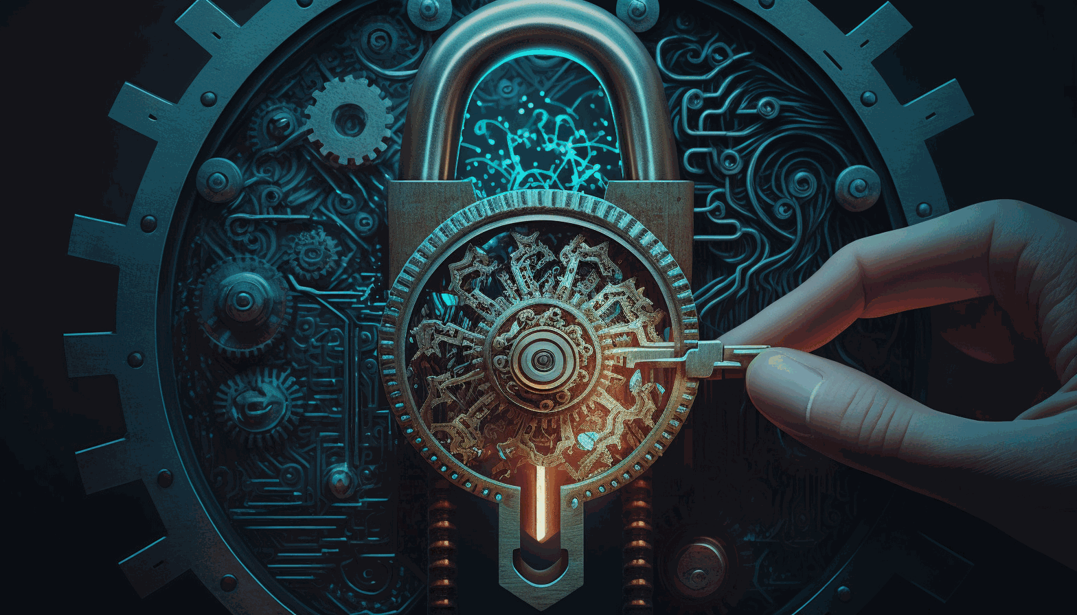 An image of a lock with gears symbolizing the use of AI in cybersecurity, while a human hand is holding a key to illustrate human oversight.