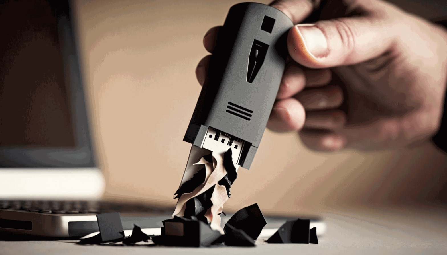 An image of a person holding a USB flash drive with a shredder in the background