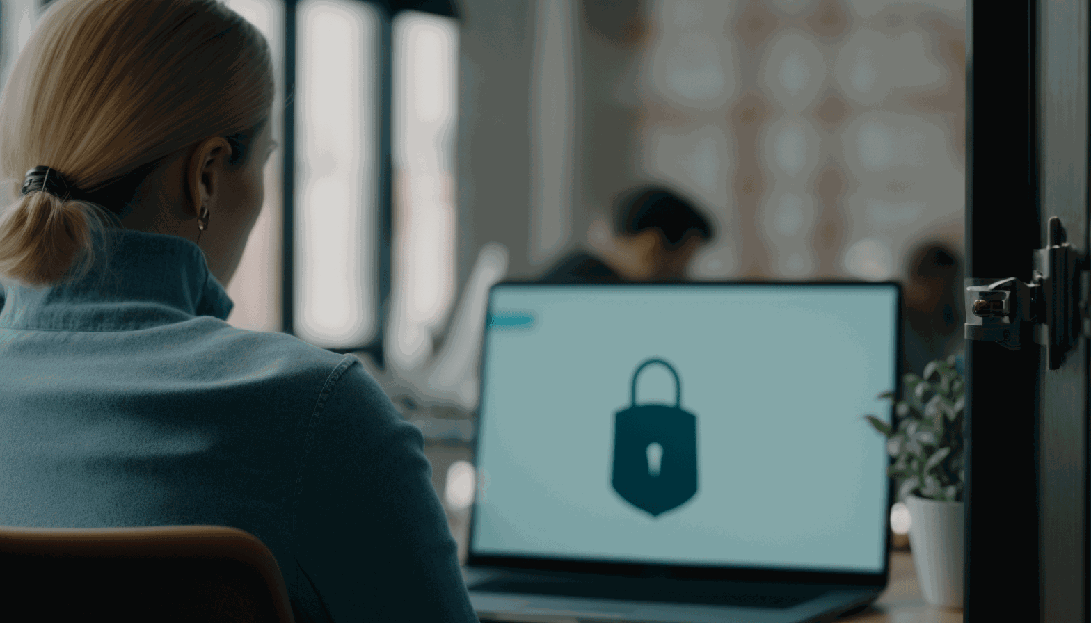 An image of a person sitting at their workstation with a security lock in the foreground, indicating the importance of securing workstations.