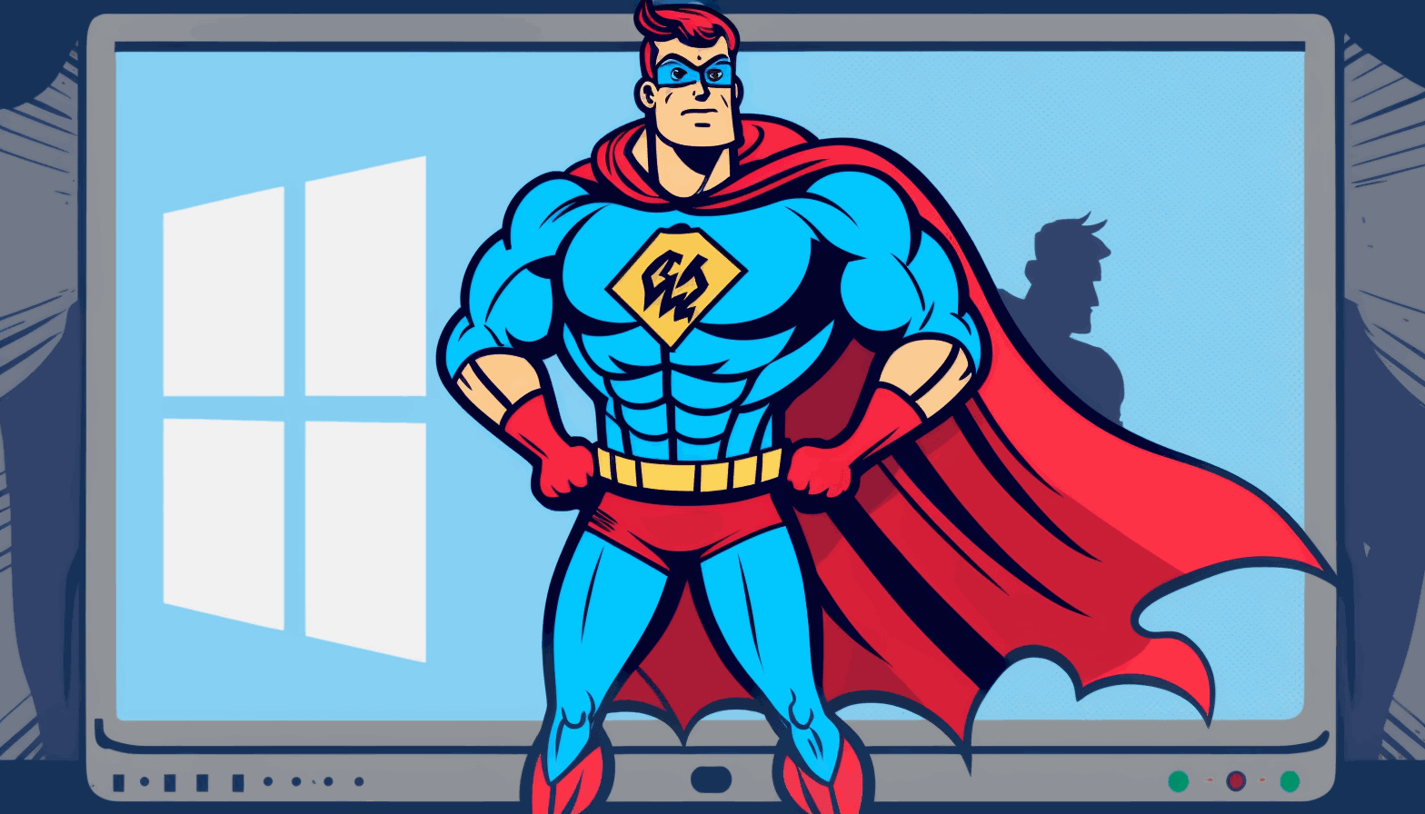 An image of a superhero standing in front of a computer with the Windows logo on the screen and a shield in hand, symbolizing the importance of secure coding practices for protecting Windows-based systems.