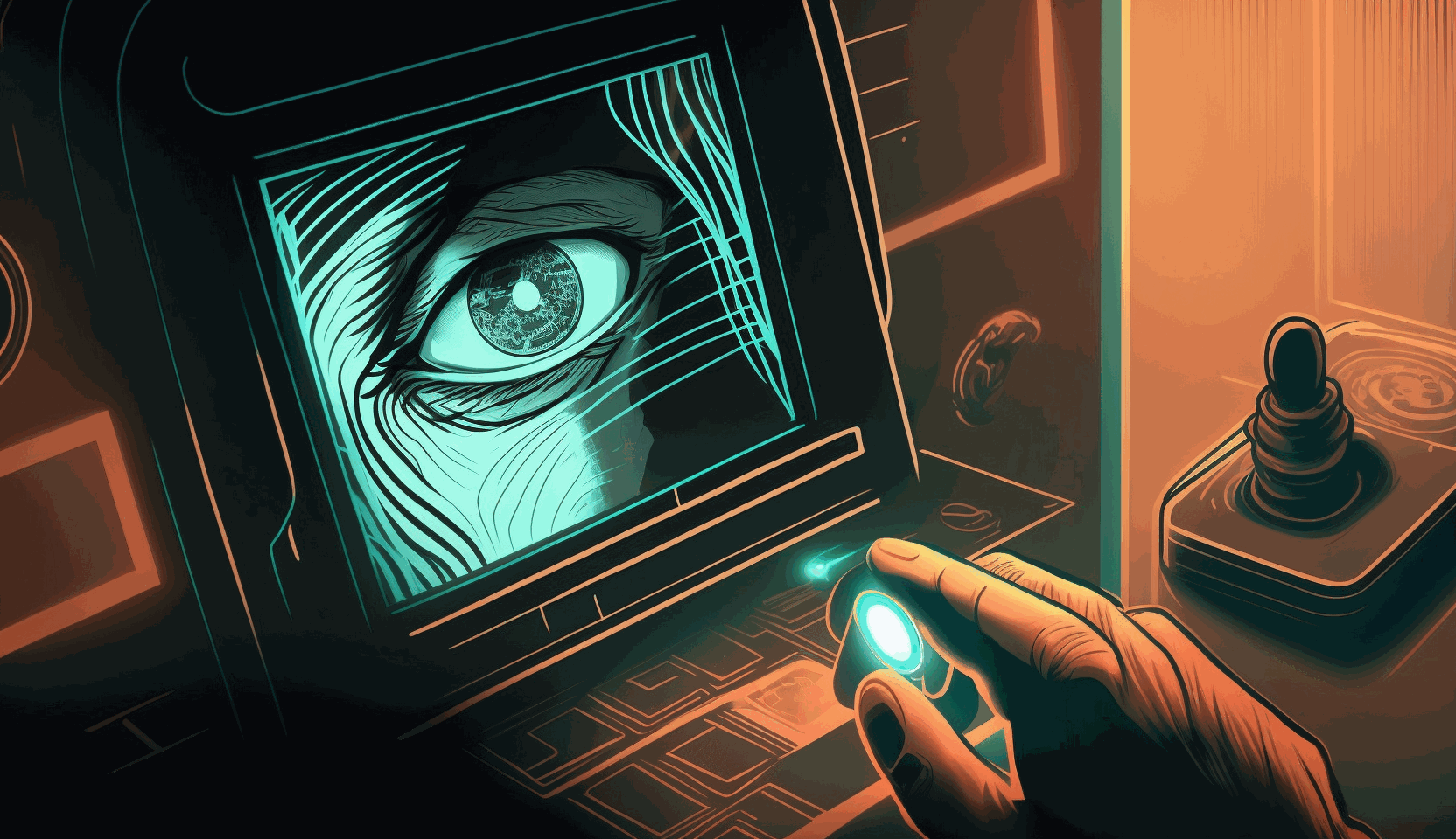 An animated illustration of a person's hand using a fingerprint scanner to access a secured area, with a person's face and iris also visible in the background.