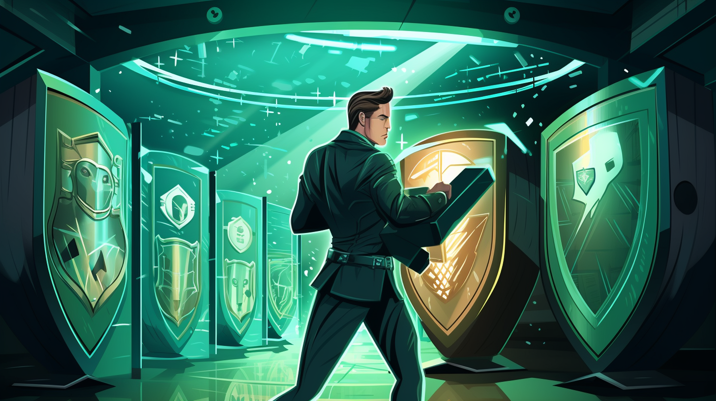 A symbolic illustration showcasing a shield-wielding character defending a server room against digital threats.