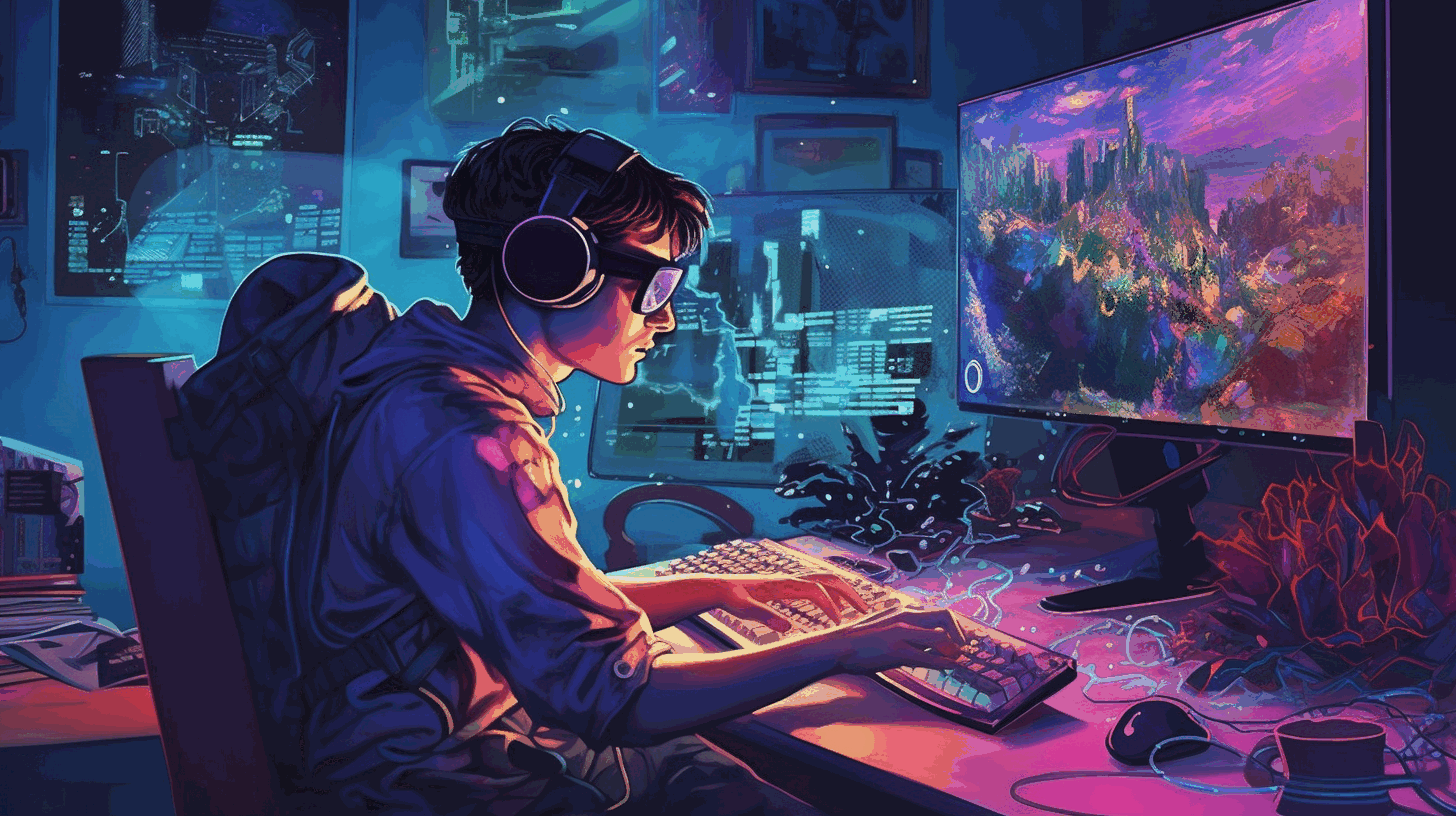 Illustration of a gamer immersed in a virtual world on a Linux-powered computer
