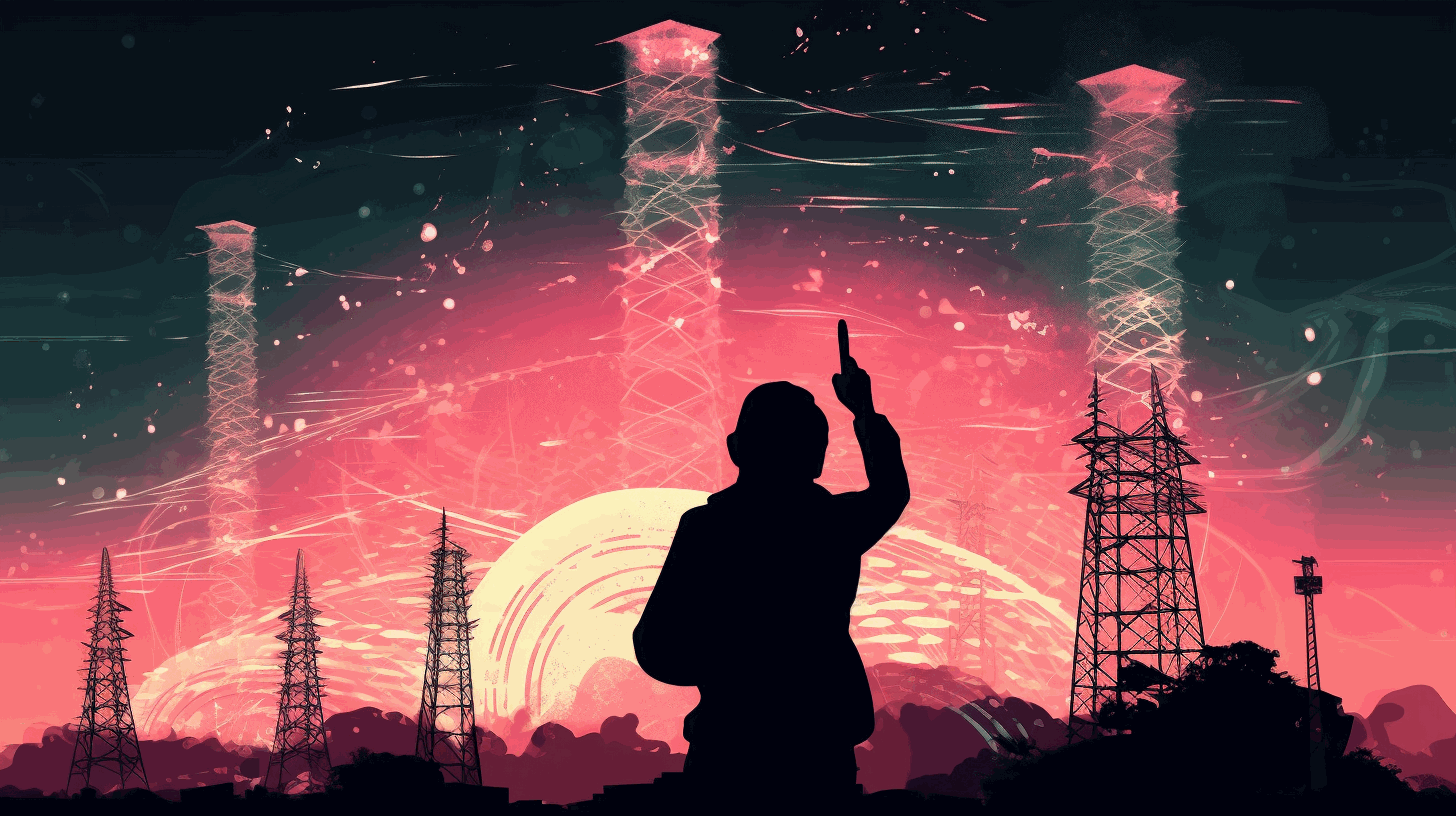 Illustration of a person aiming a directional cellular antenna towards a cell tower with signal waves propagating.