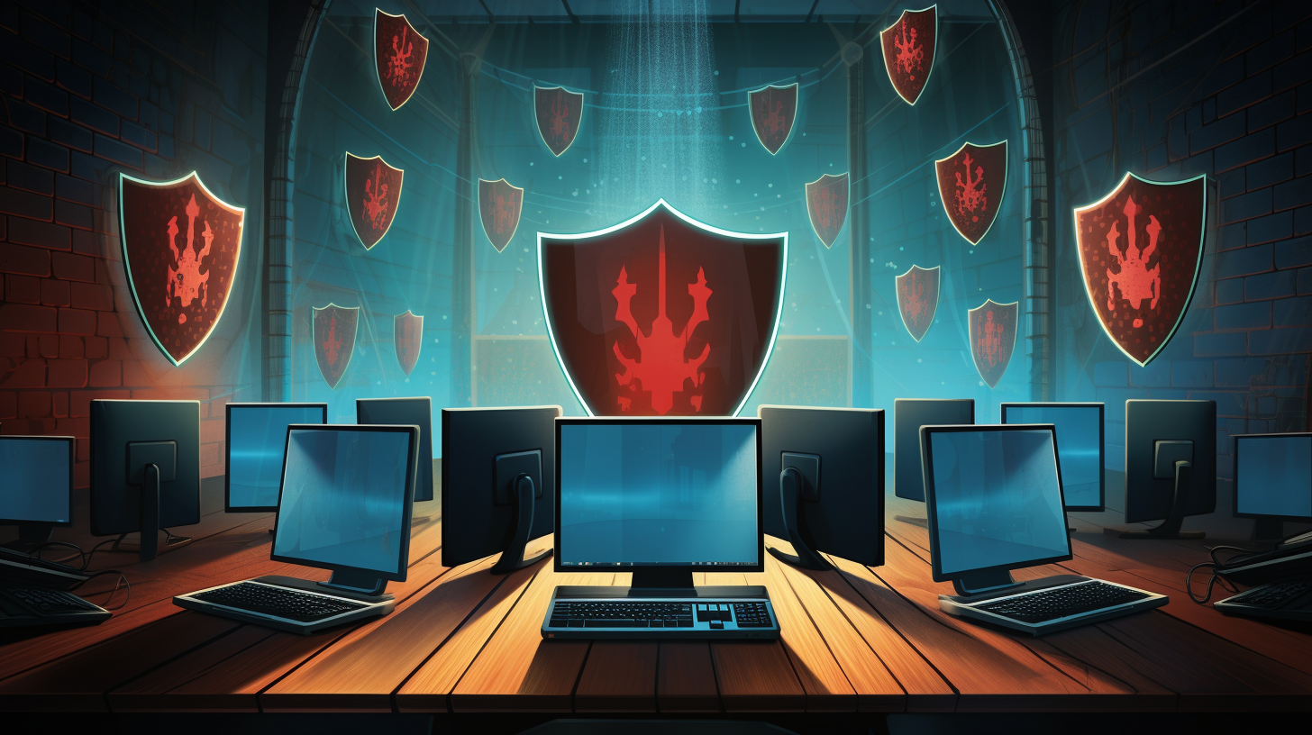 A symbolic illustration depicting a protective shield guarding network devices from cyber threats.