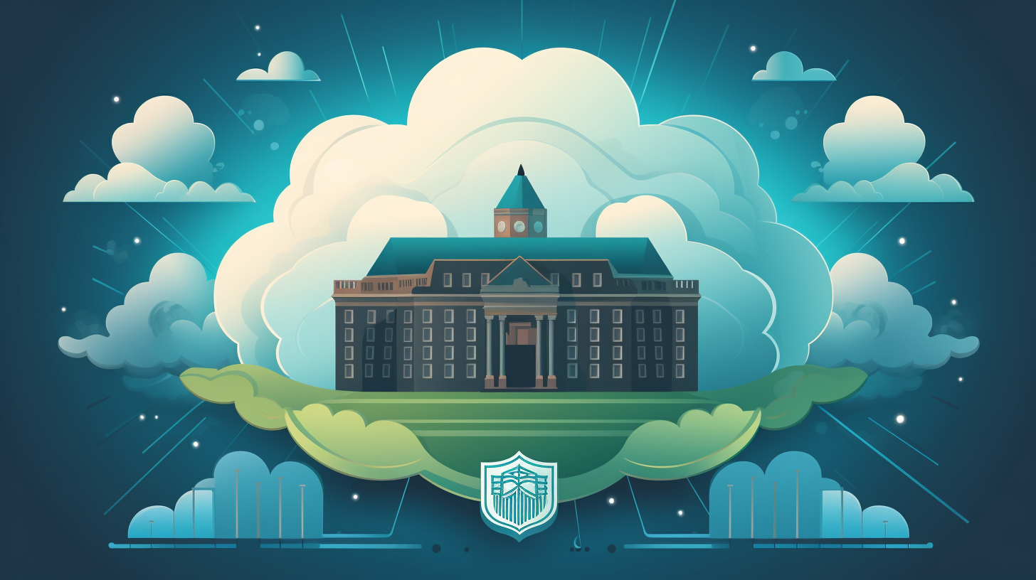 An animated depiction of a secure cloud hovering above a governmental building with a shield emblem.