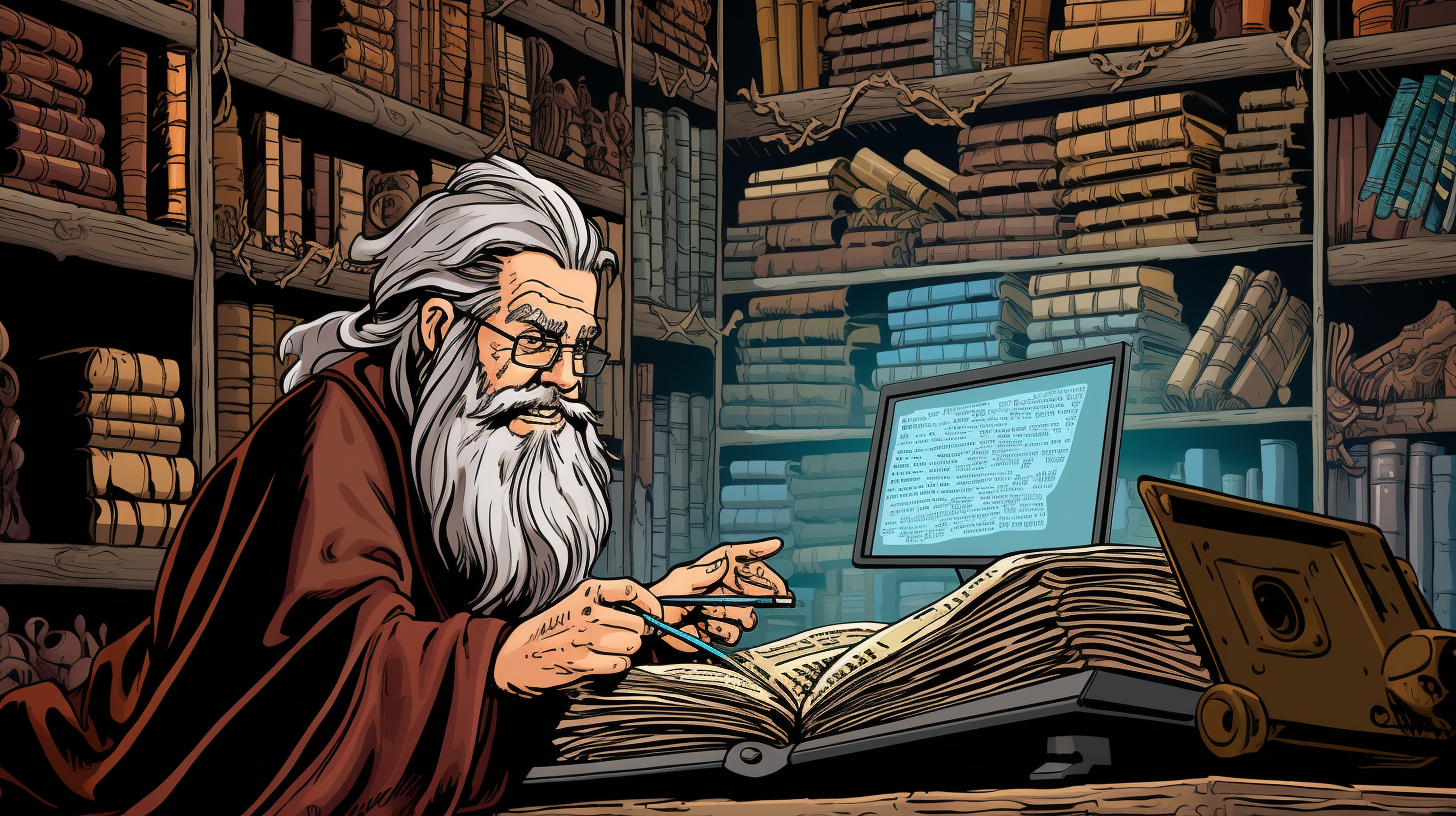 A cartoon-style computer wizard working with a giant registry book.