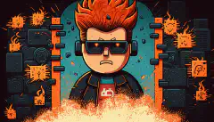  A cartoon developer with a lock icon as the head, surrounded by code and shielded by a firewall.