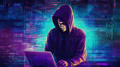 A symbolic illustration of a hacker wearing a hoodie, sitting at a computer with lines of code and a binary code matrix background, depicting the concept of penetration testing and cybersecurity.