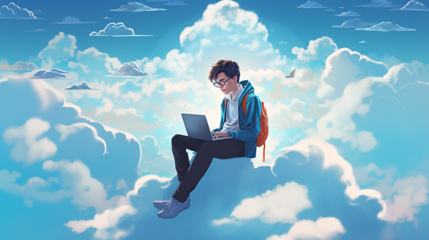 An animated student exploring the vast Azure cloud with a laptop in hand.