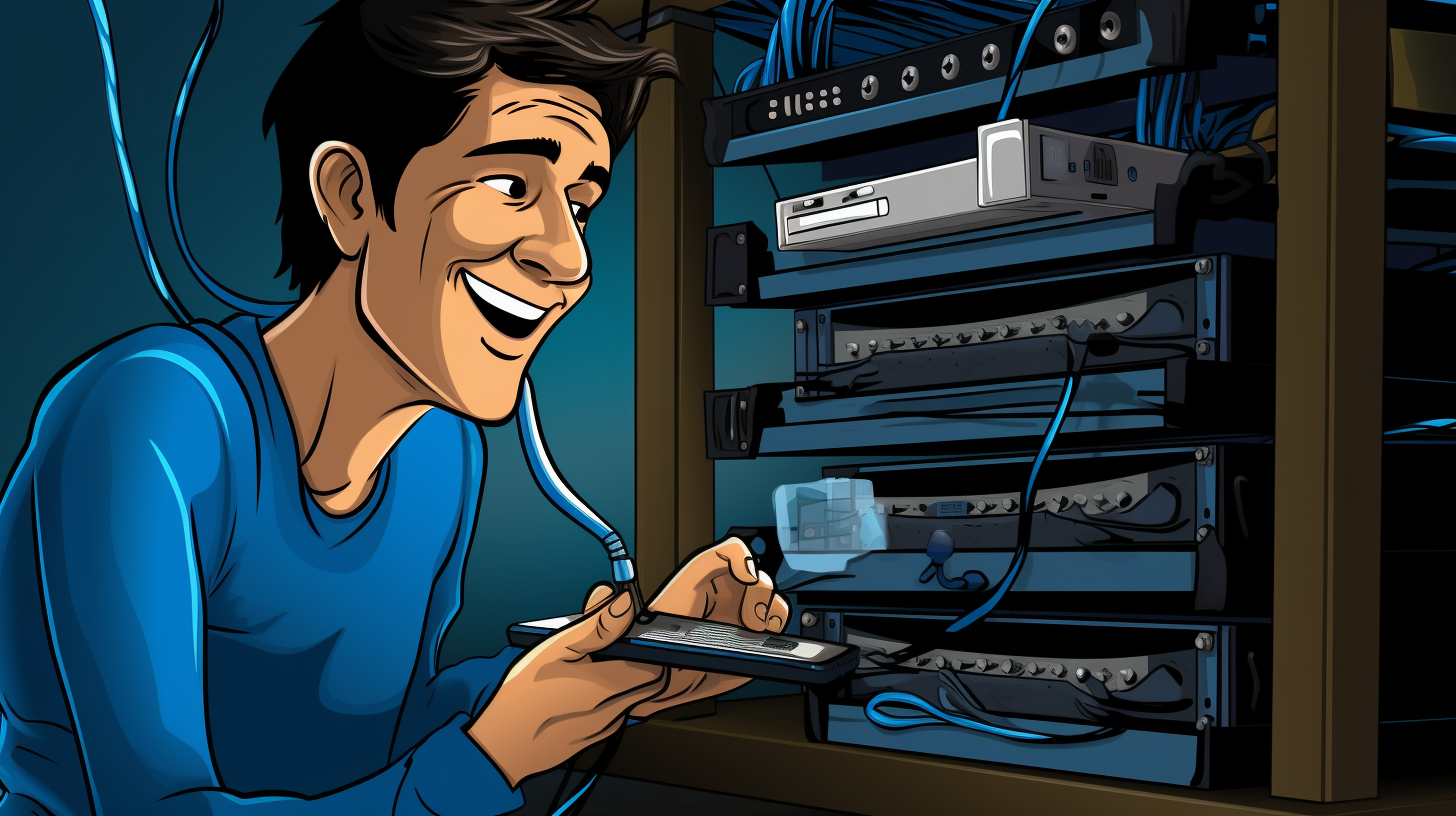 A cartoon-style illustration of a smiling person easily connecting network cables to an HP t640 router