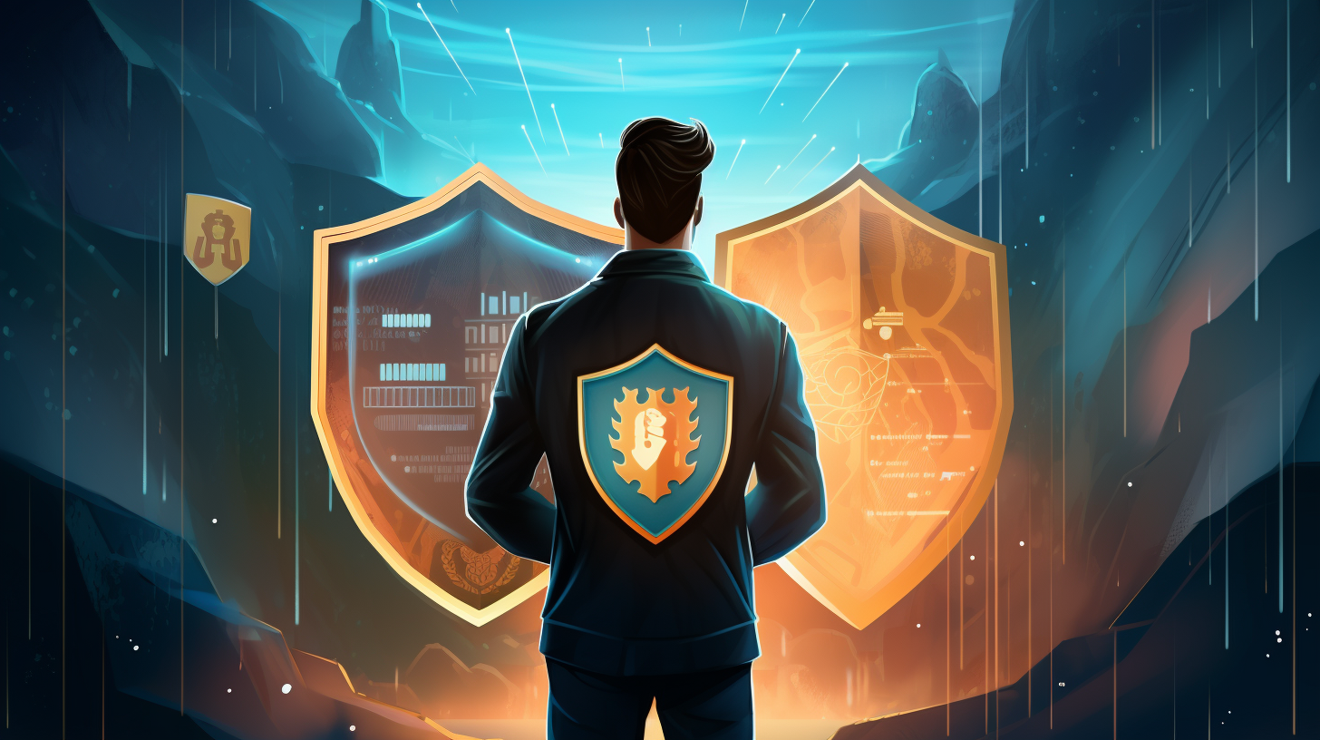A symbolic illustration depicting a user holding a shield labeled Privacy against a backdrop of digital data streams.