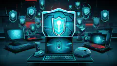 A stylized cartoon image depicting a vigilant cybersecurity shield guarding a network of interconnected devices from various cyber threats.
