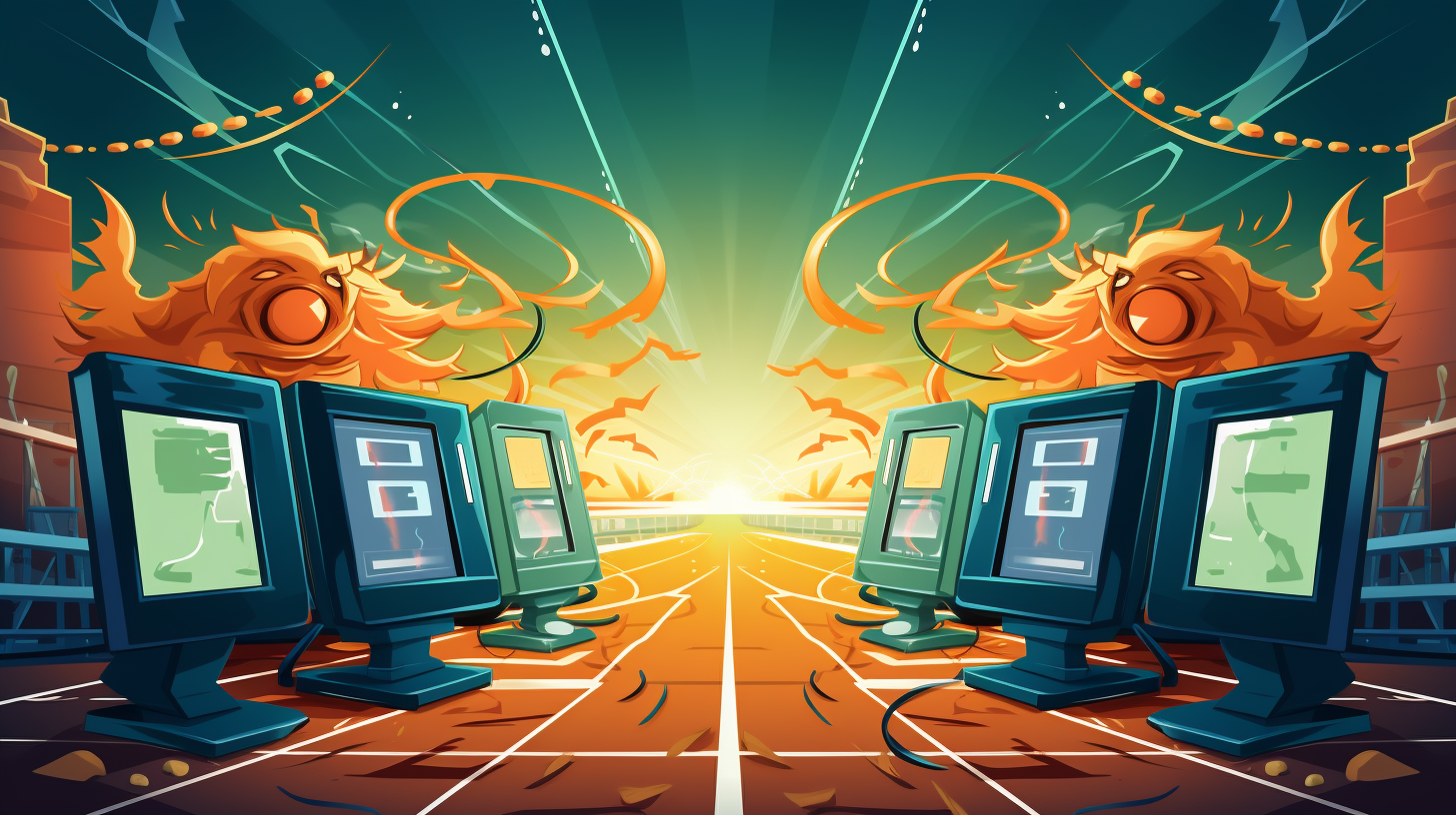 A symbolic cartoon-style illustration of two VPN servers racing towards a finish line, depicting the Mullvad and ProtonVPN competition.