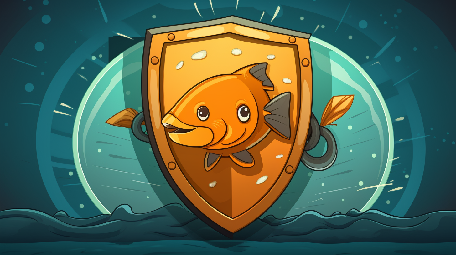 An illustrated cartoon image depicting a shield with a lock, symbolizing protection against phishing attacks and cyber threats.