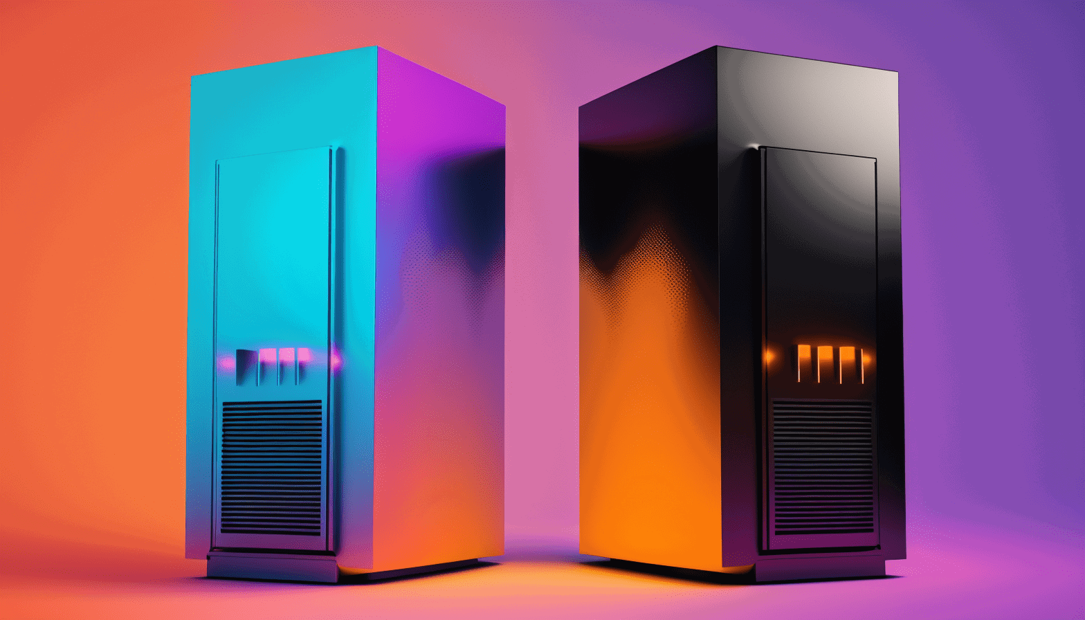 A pair of servers facing each other. Colors matching the themes of plex, black and orange, and jellyfin, lightblue and purple.