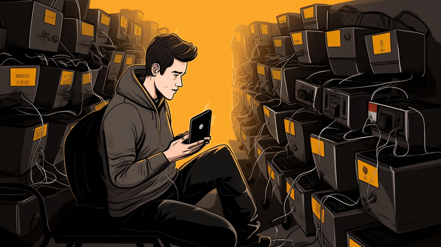 A cartoon illustration depicting a person confidently using electronic devices while surrounded by UPS units, symbolizing uninterrupted power.
