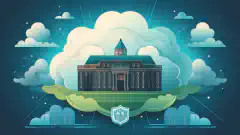 An animated depiction of a secure cloud hovering above a governmental building with a shield emblem.