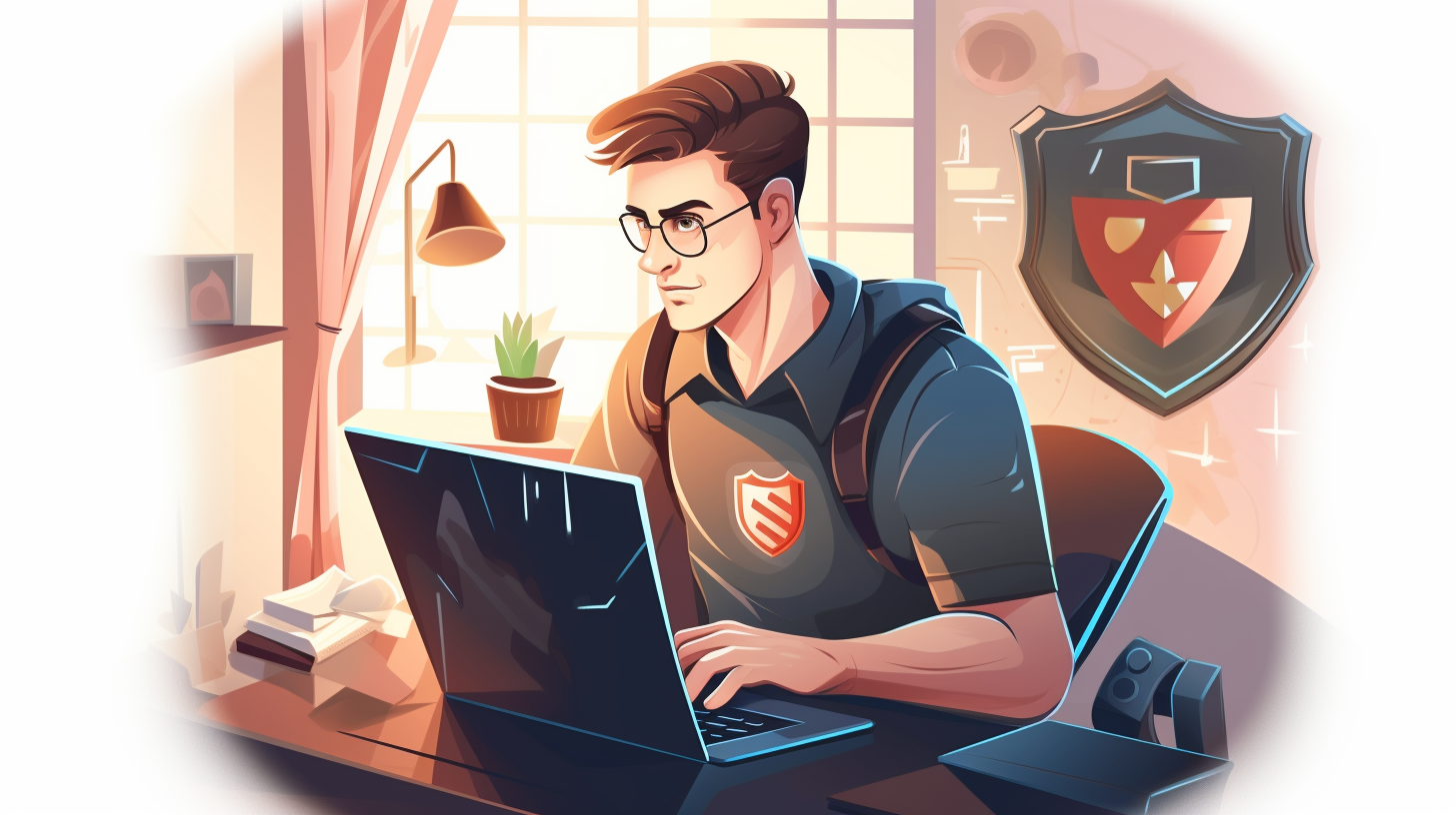 A cartoon illustration of a person working securely from home with a shield protecting their network.