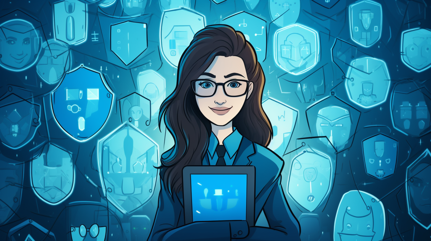 A cartoon-style image of a person surrounded by protective shields, representing online privacy and data protection.