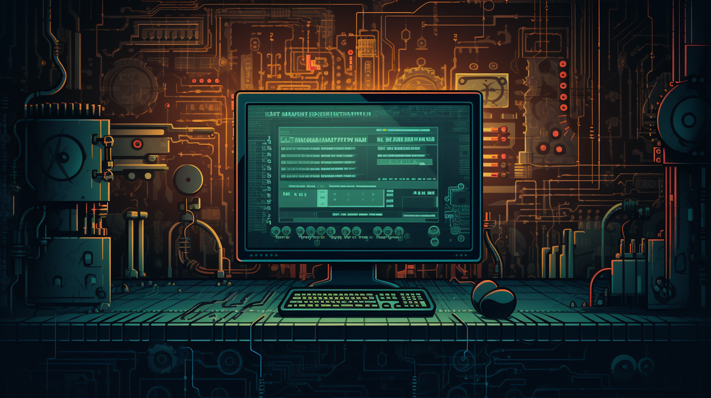 An animated illustration of a computer screen displaying a batch script running with gears and cogs in the background.